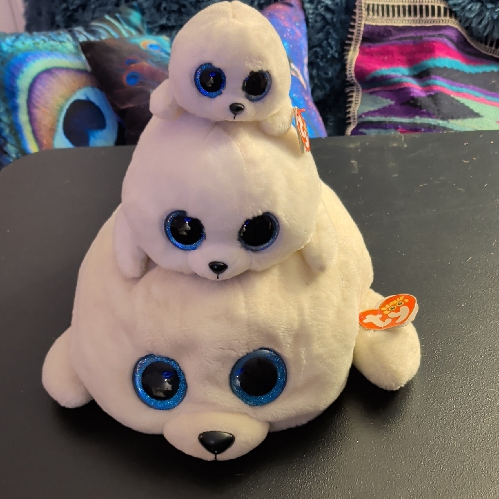 Ty Icy Plush White Seal Trio with Blue Eyes